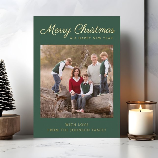 Classic Green Script Christmas Photo Gold (Classic Green Script Christmas Photo Gold Foil Invitation
)