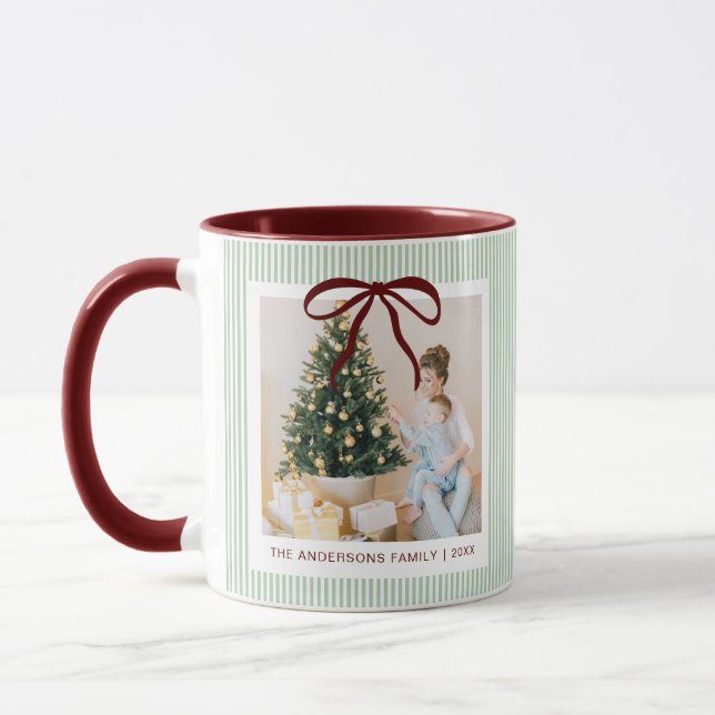 Classic Green Stripes Red Bow Christmas Mug (Left)