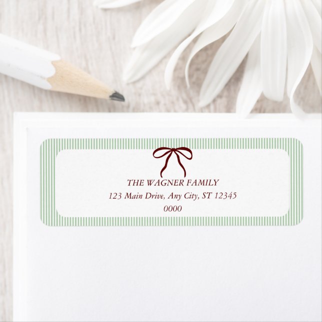 Classic Green Stripes Red Bow Christmas Return Address Label (Insitu)