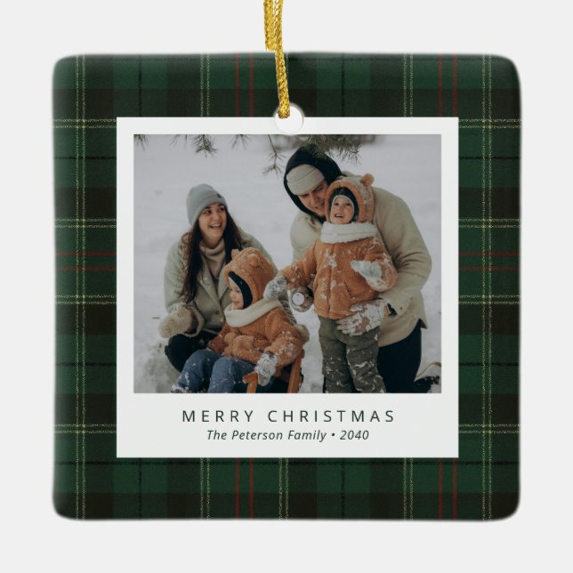 Classic Green Tartan Plaid Family 4 Photo Holiday Ceramic Ornament (Front)