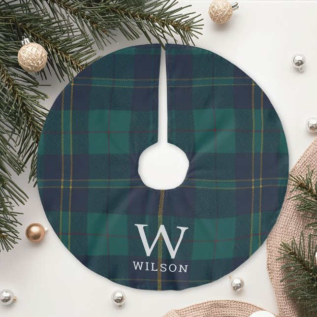 Classic Green Tartan Plaid Monogram Christmas Brushed Polyester Tree Skirt (Creator Uploaded)