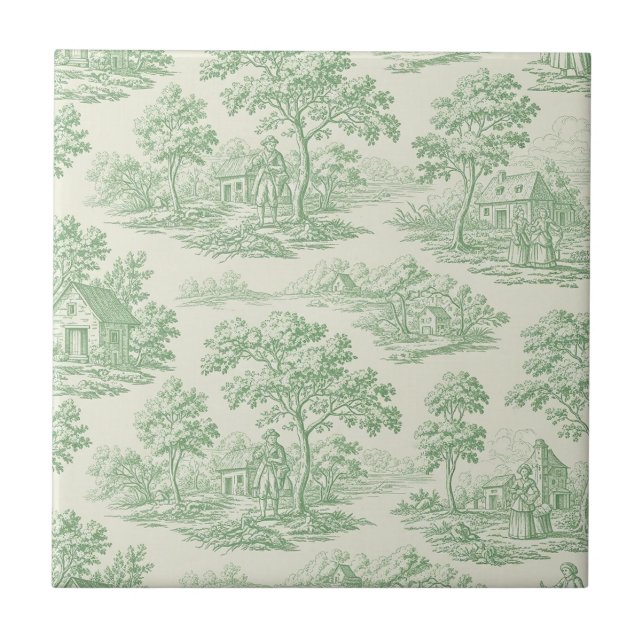 Classic Green Toile Farm Landscape Ceramic Tile (Front)