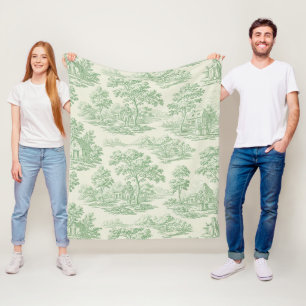 Classic Green Toile Farm Landscape Fleece Blanket