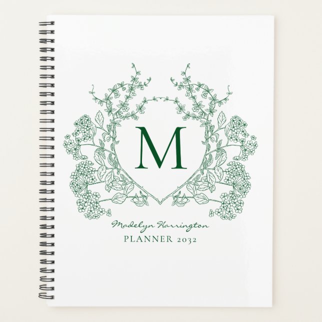 Classic Green Vintage Floral Crest Monogram Planner (Front)
