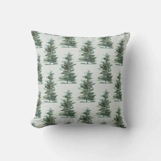 Classic Green Watercolor Pine Tree Cushion (Front)