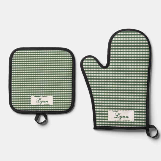 Classic Green & White Gingham | Personalized Name Oven Mitt & Pot Holder Set (Front)