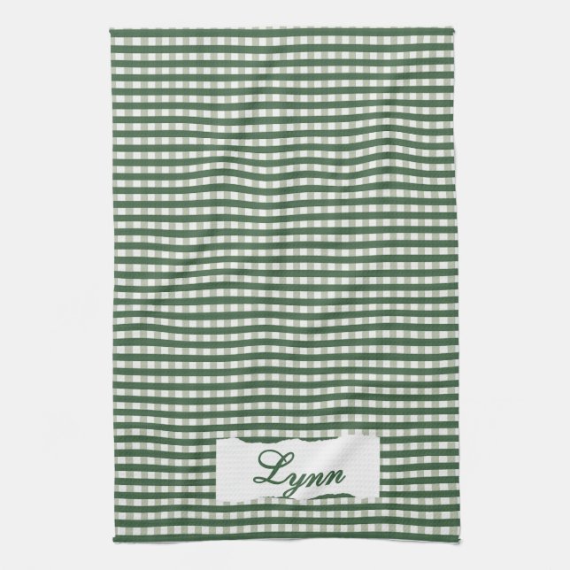 Classic Green & White Gingham | Personalized Name Tea Towel (Vertical)