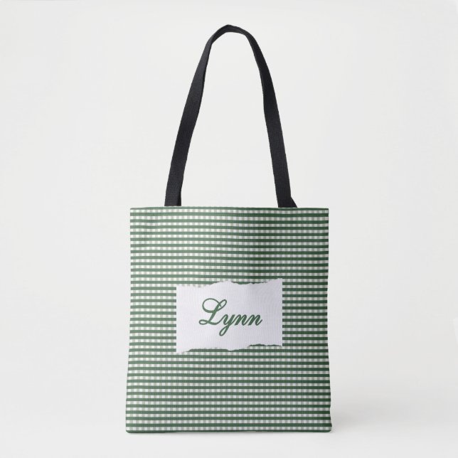 Classic Green & White Gingham | Personalized Name Tote Bag (Front)