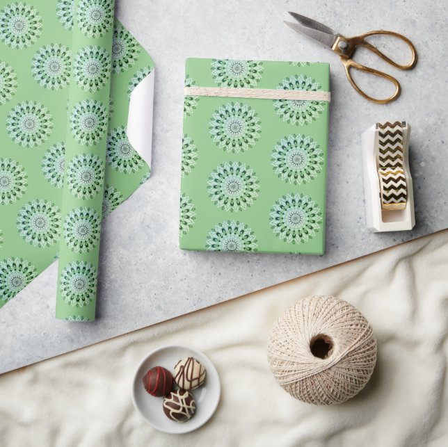 Classic Green White Mandala Flower Design Pattern Wrapping Paper (Crafts)