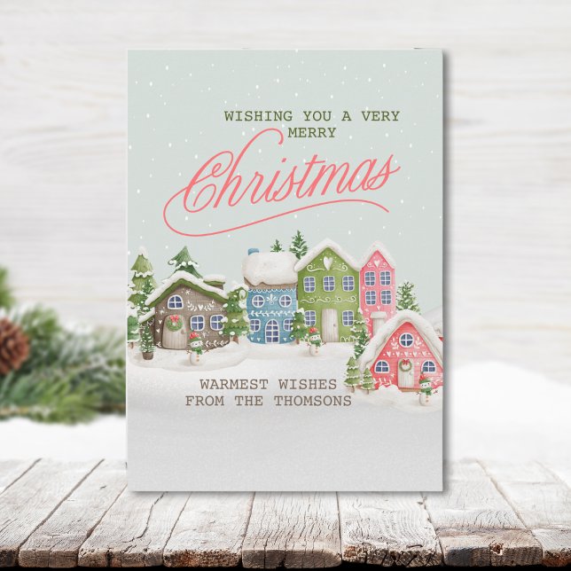 Classic Green White Snow Village Merry Christmas  Holiday Card (Creator Uploaded)
