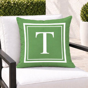 Classic Green White Square Frame Monogram Cushion