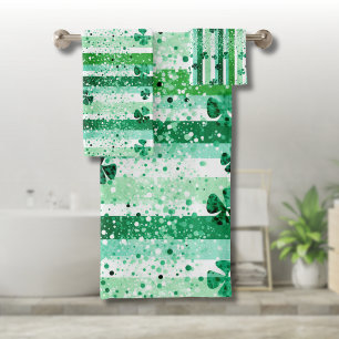 Classic Green White Vertical Stripes Shamrocks Bath Towel Set