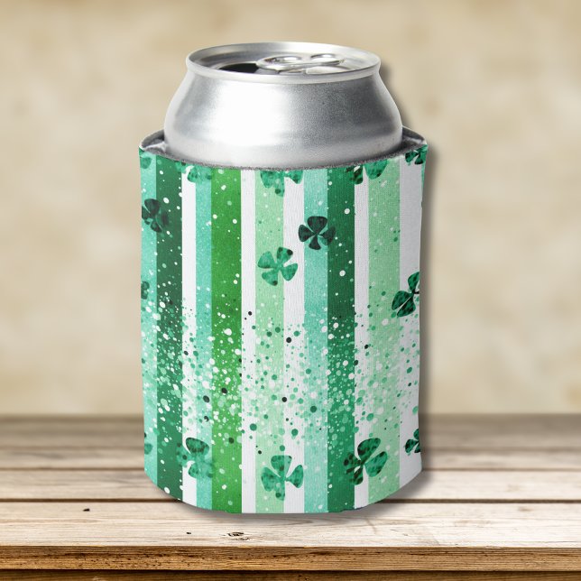 Classic Green White Vertical Stripes Shamrocks Can Cooler (Creator Uploaded)