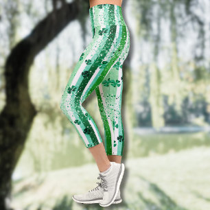 Classic Green White Vertical Stripes Shamrocks Capri Leggings