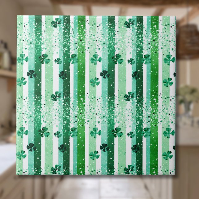 Classic Green White Vertical Stripes Shamrocks Ceramic Tile (Creator Uploaded)