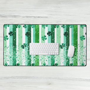 Classic Green White Vertical Stripes Shamrocks Desk Mat