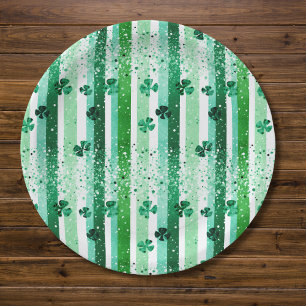 Classic Green White Vertical Stripes Shamrocks Paper Plate