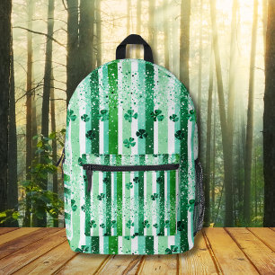 Classic Green White Vertical Stripes Shamrocks Printed Backpack
