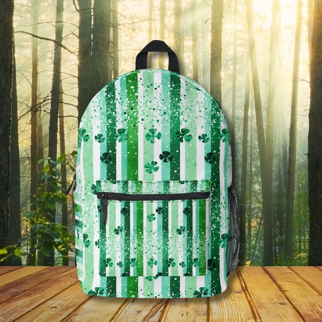 Classic Green White Vertical Stripes Shamrocks Printed Backpack (Creator Uploaded)