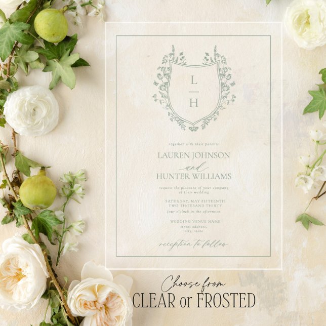 Classic Green Wildflower Monogram Crest Wedding Acrylic Invitations (Creator Uploaded)