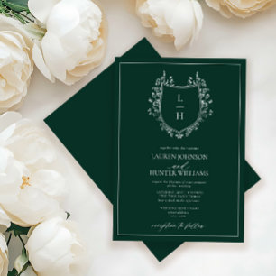 Classic Green Wildflower Monogram Crest Wedding Invitation