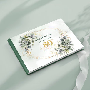 Classic Greenery and Gold 80th Birthday Sign Book