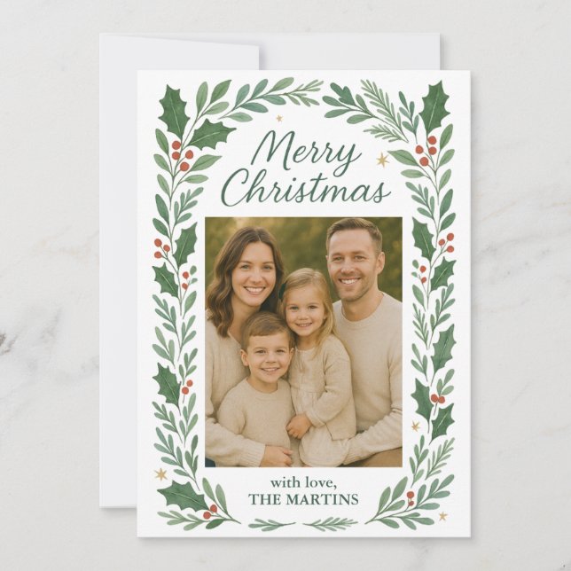Classic Greenery Photo Customisable Christmas Card (Front)