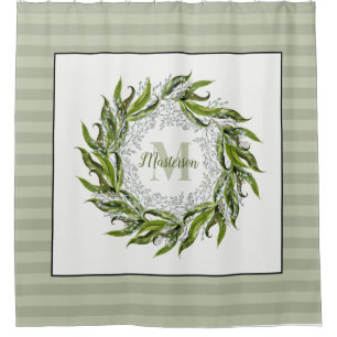 Classic Greenery Wreath Monogram Sage Stripes Shower Curtain