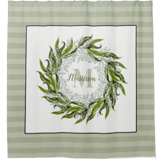 Classic Greenery Wreath Monogram Sage Stripes Shower Curtain