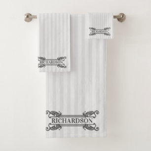 Classic Grey Acanthus Leaf Monogram Elegant Stripe Bath Towel Set