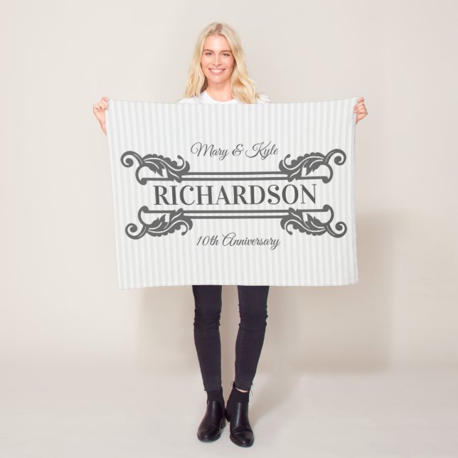 Classic Grey Acanthus Leaf Monogram Elegant Stripe Fleece Blanket (In Situ)