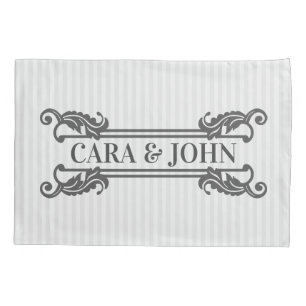 Classic Grey Acanthus Leaf Monogram Elegant Stripe Pillowcase