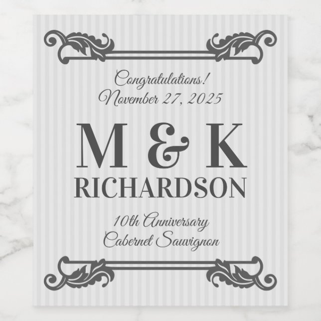 Classic Grey Acanthus Leaf Monogram Elegant Stripe Wine Label (Single Label)