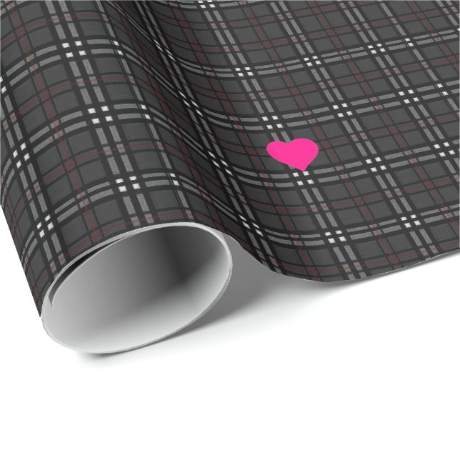 Classic grey and black plaid pattern Pink Hearts Wrapping Paper (Roll Corner)