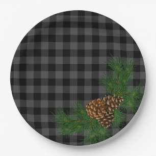 Classic grey and black plaid pine cone paper plate