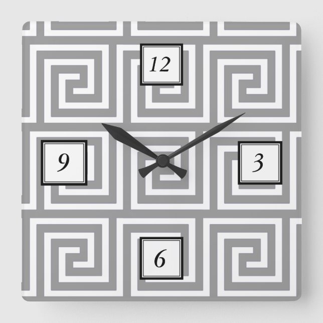 Classic Grey and White Greek Key Pattern Square Wall Clock (Front)
