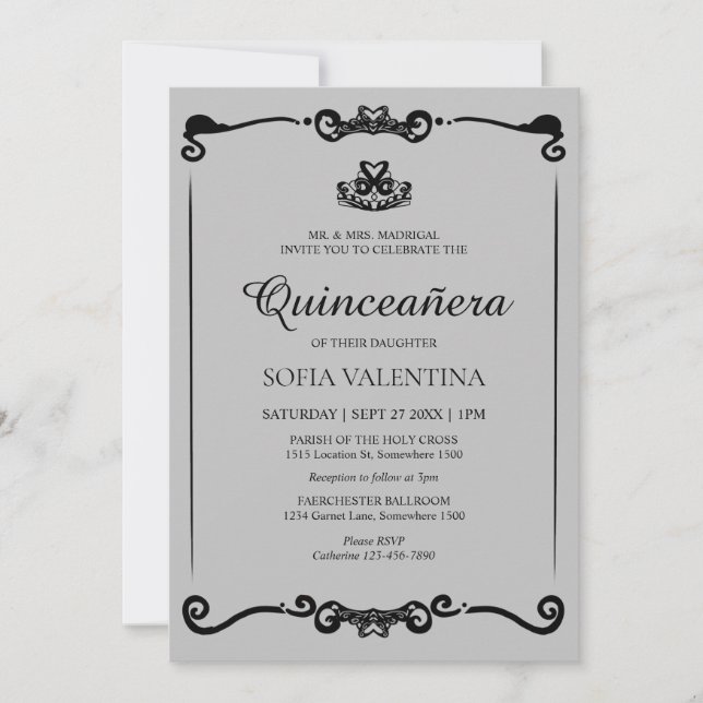 Classic Grey Black Tiara Quinceanera Invitation (Front)