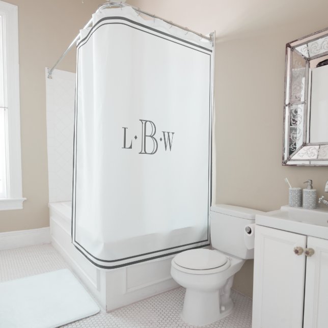 Classic Grey Border Monogrammed Shower Curtain (In Situ)