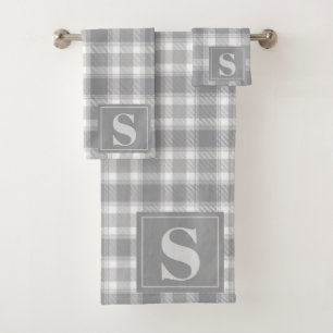 Classic Grey Farmhouse Buffalo Plaid Monogram Bath Towel Set