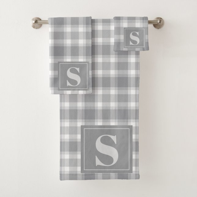 Classic Grey Farmhouse Buffalo Plaid Monogram Bath Towel Set (Insitu)