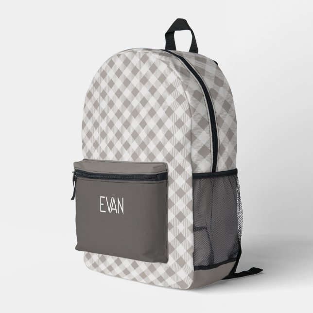 Classic Grey Gingham Pattern Personalised School Printed Backpack (Back Corner Right)
