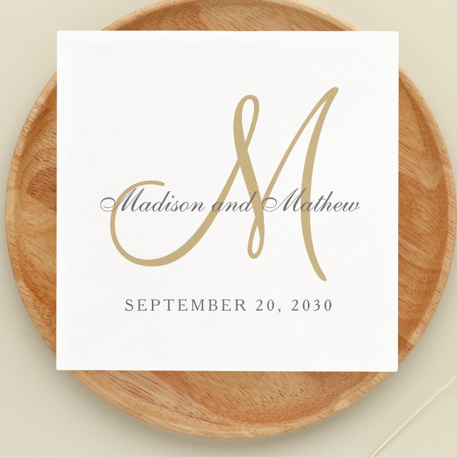 Classic Grey Gold Monogram Elegant Wedding Napkin (Creator Uploaded)