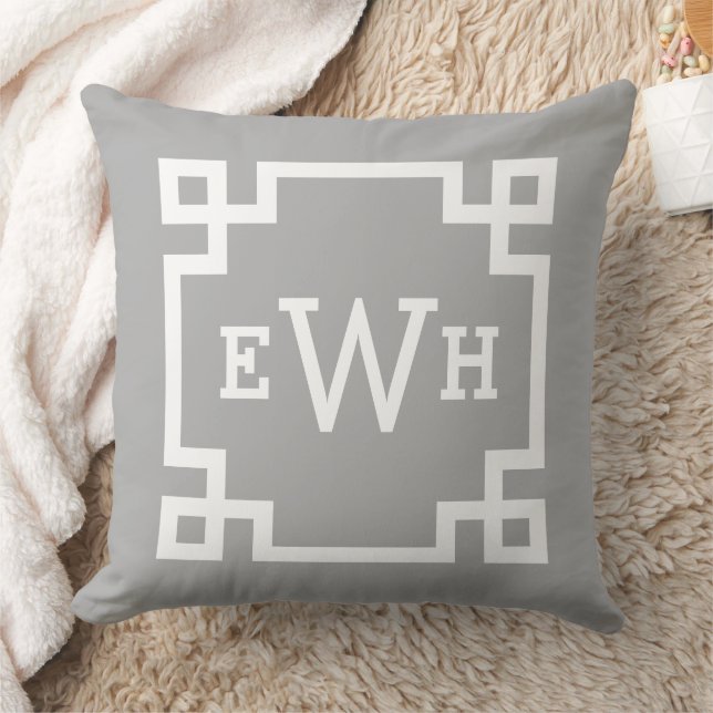 Classic Grey Greek Key Monogram Initial Cushion (Blanket)