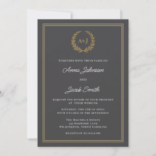 Classic Grey Laurel Wreath Monogram Elegant Photo Invitation
