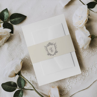 Classic Grey Monogram Formal Floral Crest Wedding Invitation Belly Band