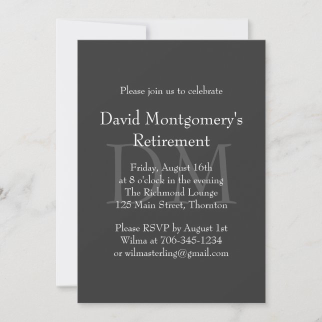 Classic Grey Monogram Retirement Invitation (Front)
