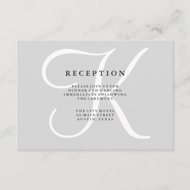 Classic Grey Monogram Wedding Reception Card (Front)
