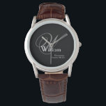 Classic Grey Monogram, White on Black Groomsman Watch<br><div class="desc">Looking for a timeless and sophisticated gift for your groomsmen? Look no further than this stunning personalised watch, complete with a monogram and name. It's the perfect way to show your appreciation and make your wedding day even more special. A timeless choice for the men in your wedding, this bold...</div>