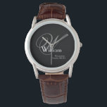 Classic Grey Monogram, White on Black Groomsman Watch<br><div class="desc">Looking for a timeless and sophisticated gift for your groomsmen? Look no further than this stunning personalised watch, complete with a monogram and name. It's the perfect way to show your appreciation and make your wedding day even more special. A timeless choice for the men in your wedding, this bold...</div>