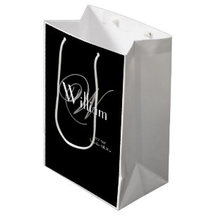 Classic Grey Monogram White Script Best Man Black Medium Gift Bag
